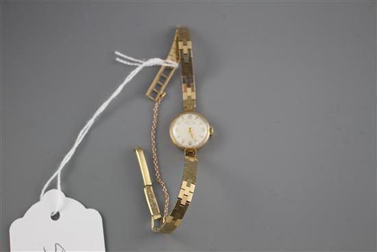 A ladys 1960s 9ct gold Fauve Leuba manual wind wristwatch, on a 9ct gold bricklink bracelet, gross weight 14.8 grams,